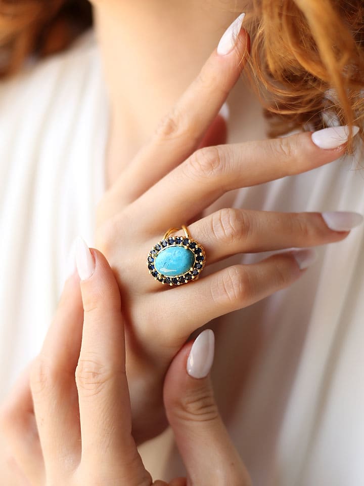 L'Atelier de Gaia Pozłacany pierścionek z turkusem i cyrkoniami rozmiar: onesize