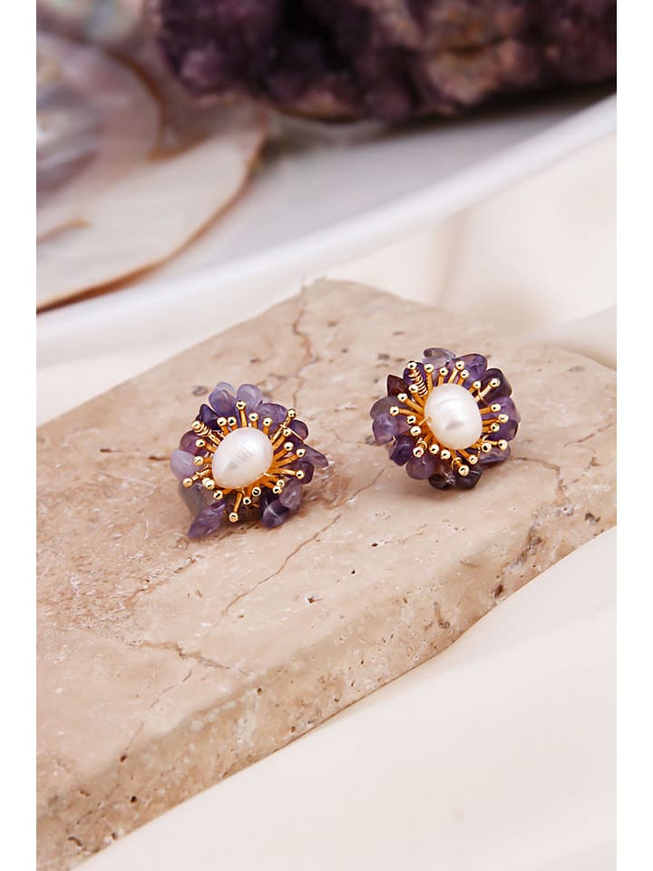 Pierres delicates Kolczyki-wkrętki w kolorze białym z perłami i ametystami rozmiar: onesize