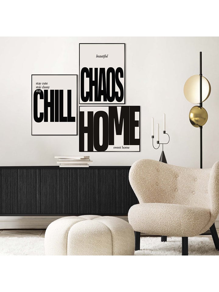 Orangewallz Druki artystyczne (3 szt.) "Chill Chaos Home" w ramce rozmiar: 30x40 cm