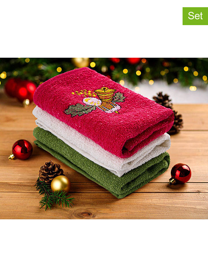 Colourful Cotton Ręczniki (3 szt.) w kolorze biało-czerwono-zielonym do rąk rozmiar: 30x50 cm