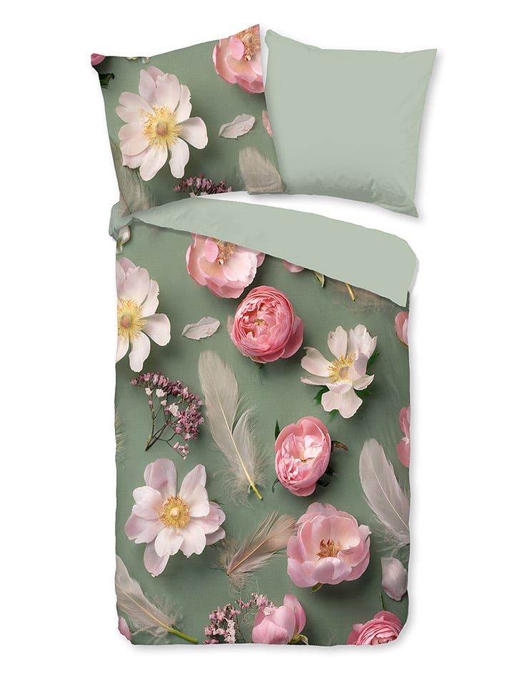 Good Morning Komplet pościeli flanelowej "Senzi" w kolorze jasnoróżowo-zielonym rozmiar: 140x200 cm