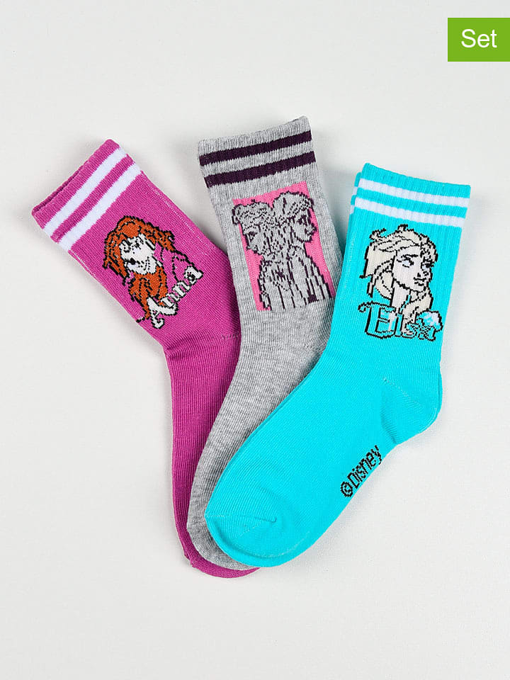 FROZEN Skarpety (3 pary) "Kraina Lodu" w kolorze szarym, turkusowym i fioletowym rozmiar: 23-26