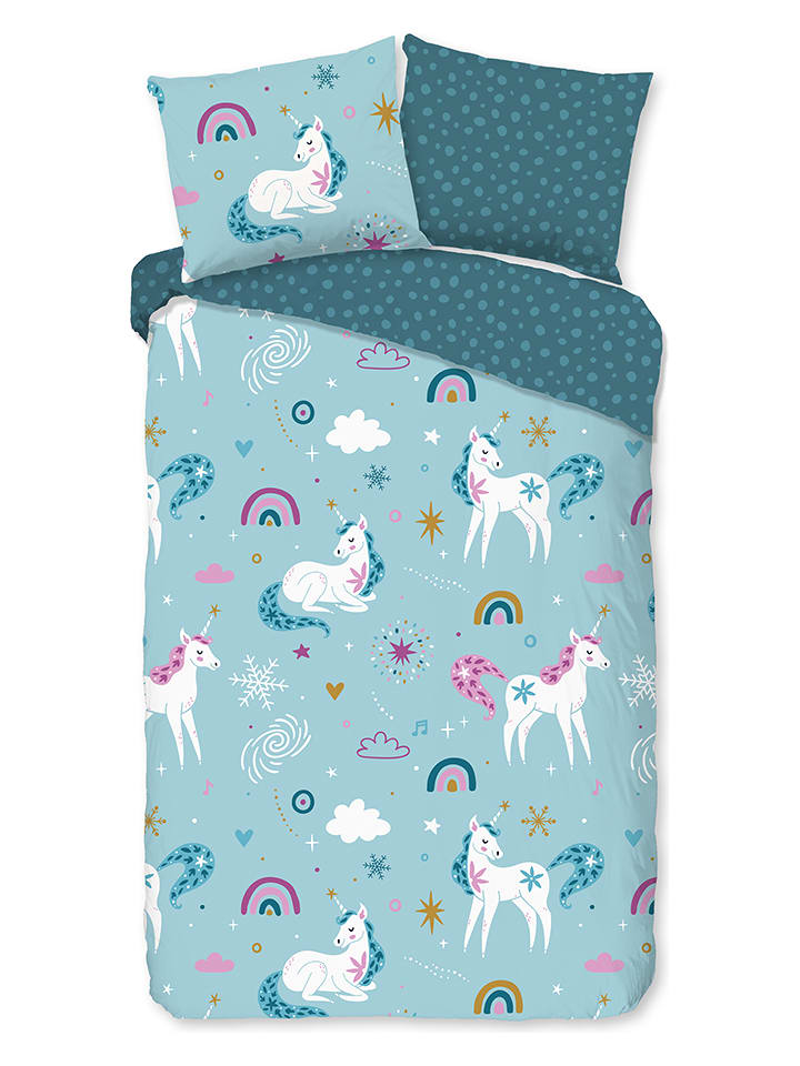 Good Morning Komplet pościeli flanelowej "Snowycorn" w kolorze niebieskim rozmiar: 135x200 cm