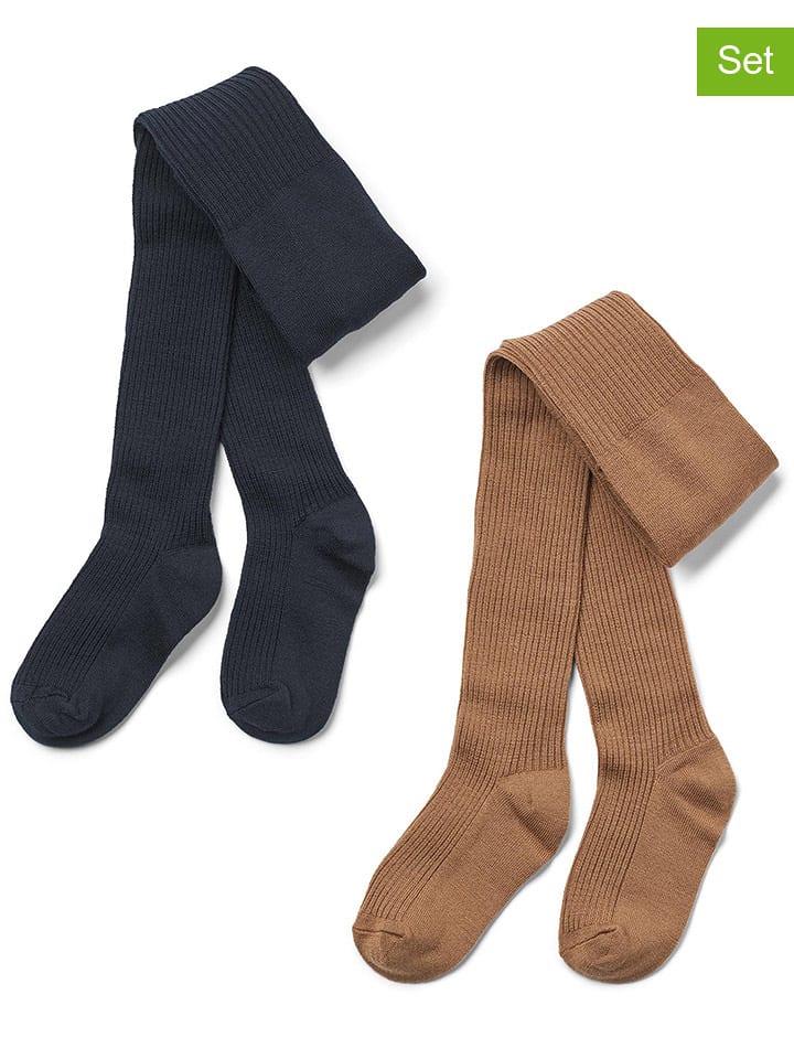 Wheat Wełniane rajstopy (2 pary) w kolorze granatowym i jasnobrązowym rozmiar: 110/116