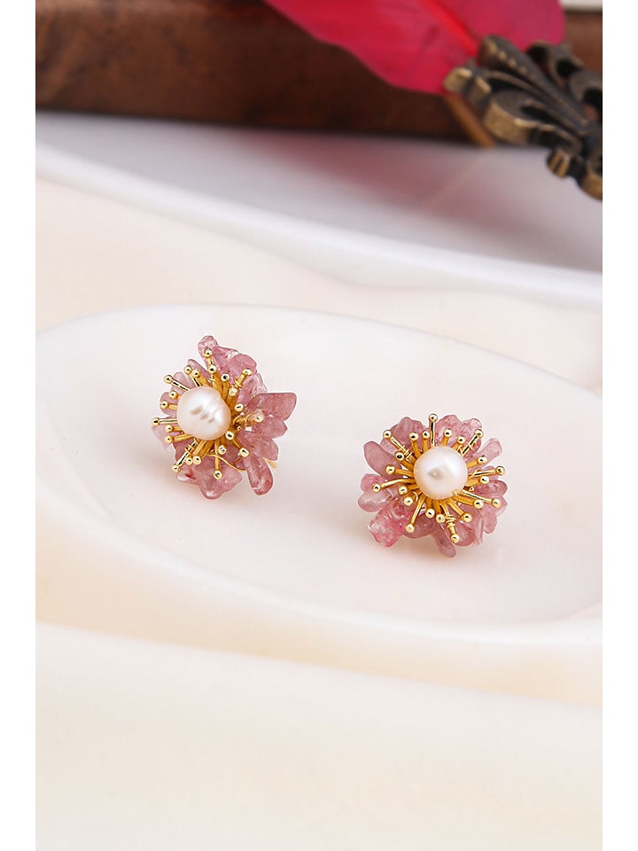 Pierres delicates Kolczyki-wkrętki w kolorze białym z perłami i kwarcem różowym rozmiar: onesize