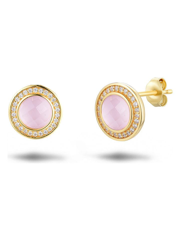 Les Petites Précieuses Pozłacane kolczyki-wkrętki z cyrkoniami i kwarcem różowym rozmiar: onesize