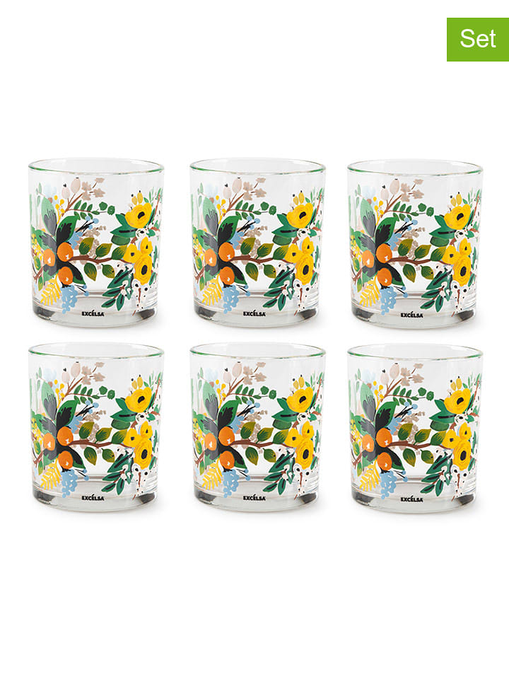 Trendy Kitchen by EXCÉLSA Szklanki (6 szt.) "Fiori Frida" w kolorze żółto-zielonym - 250 ml rozmiar: onesize