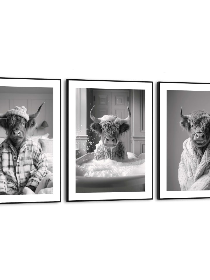 Orangewallz Druki artystyczne (3 szt.) "Highlander Wake Up" w ramce rozmiar: 30x40 cm