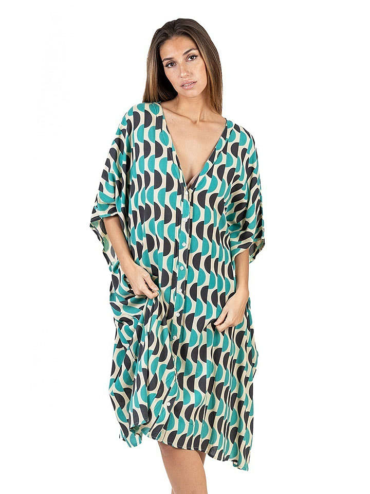 Isla Bonita by SIGRIS Ponczo w kolorze kremowo-antracytowo-turkusowym rozmiar: onesize