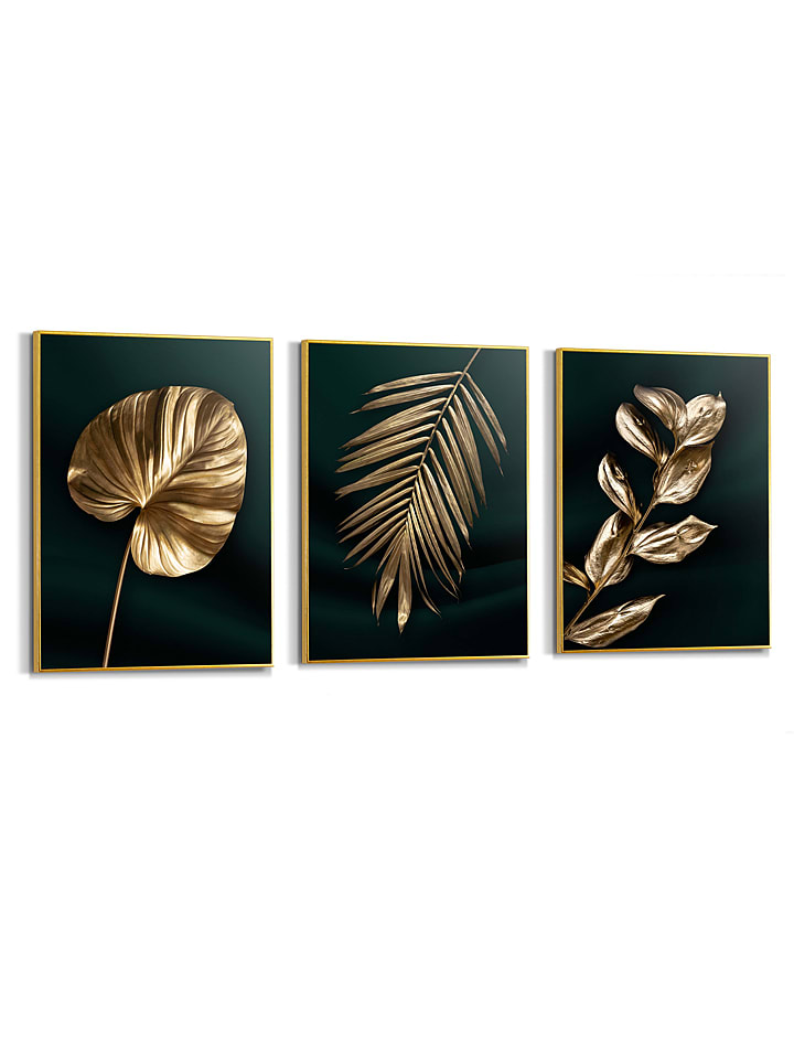 Orangewallz Druki artystyczne (3 szt.) "Golden Leafs" w ramce rozmiar: 30x40 cm