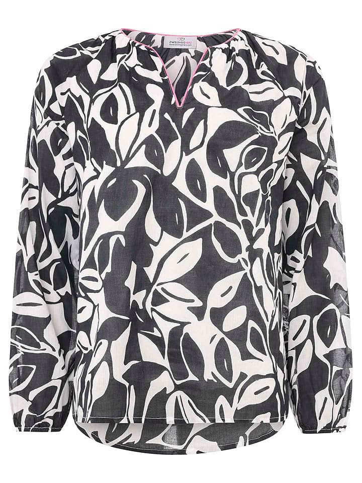 Zwillingsherz Bluzka "Leaves" w kolorze biało-czarnym rozmiar: L/XL