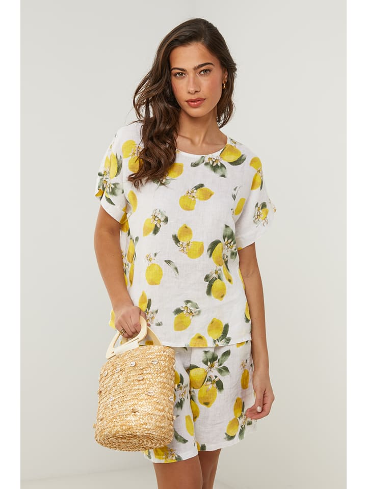 Le Monde du Lin Lniana koszulka w kolorze biało-żółtym rozmiar: 40/42