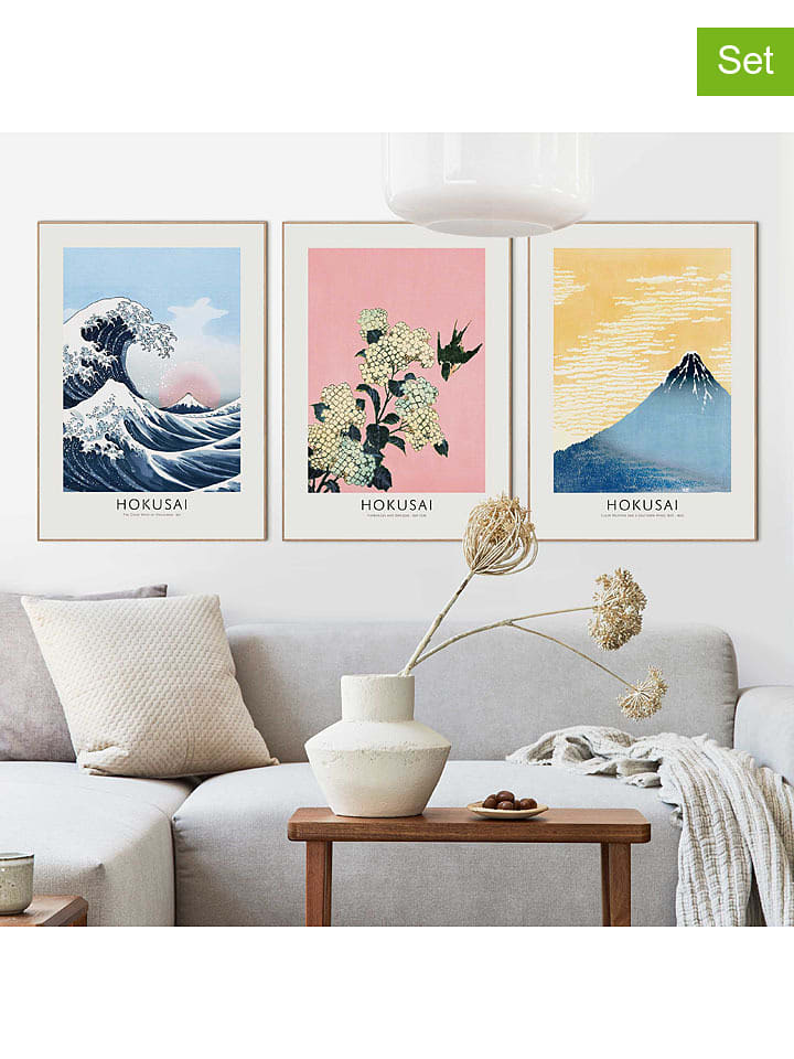 Orangewallz Druki artystyczne (3 szt.) "Waves, Peaks & Blossoms" w ramce rozmiar: 50x70 cm