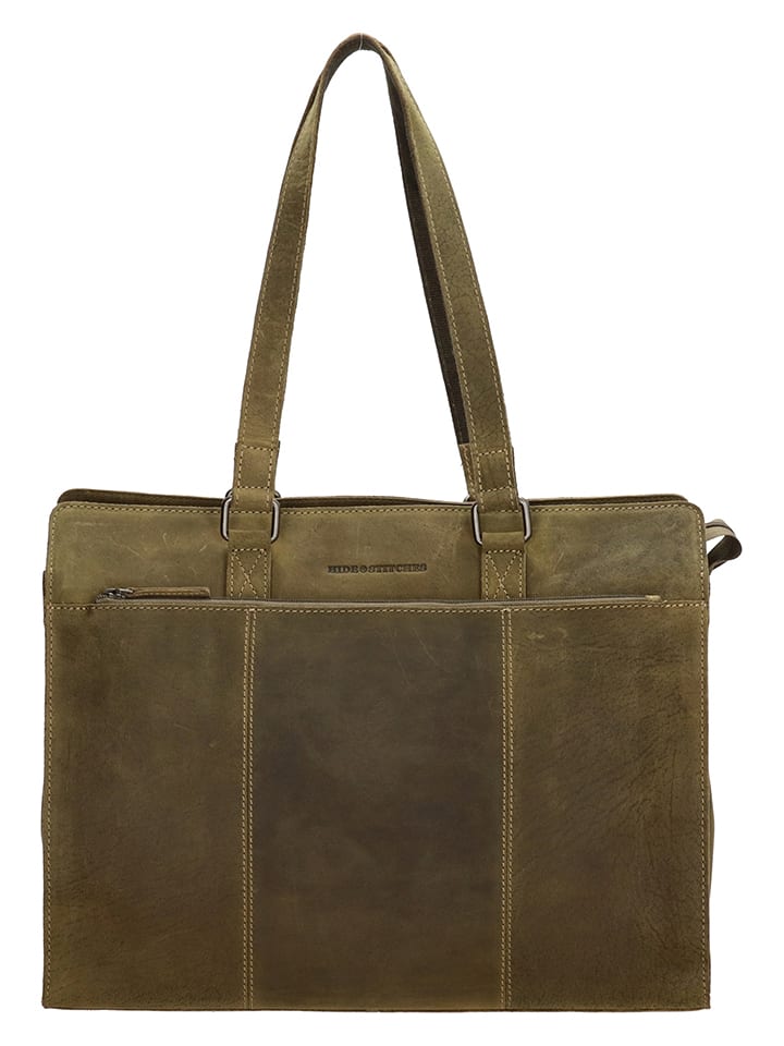HIDE & STITCHES Skórzana torba w kolorze oliwkowym na laptopa - 40 x 32,5 x 13 cm rozmiar: onesize