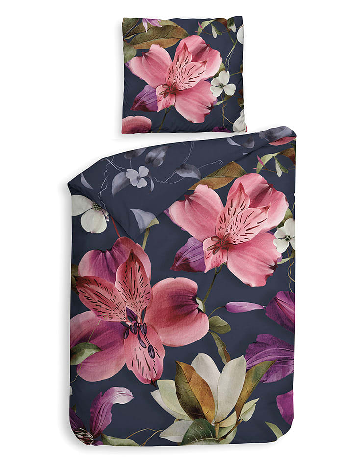 HNL Komplet pościeli satynowej "Tropici" w kolorze jasnoróżowo-granatowym rozmiar: 155x220 cm