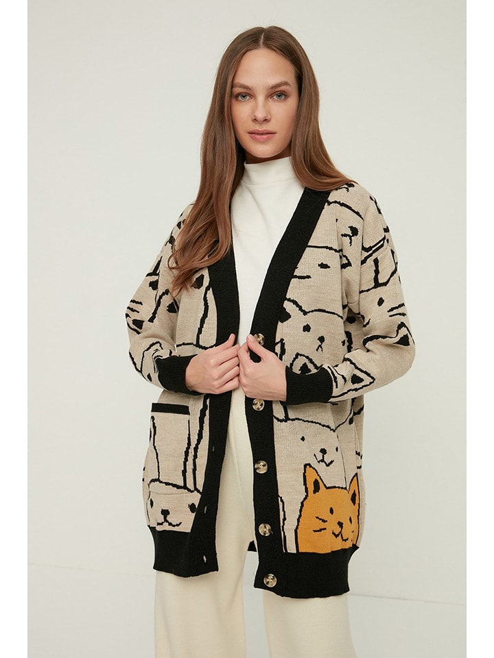 trendyol Kardigan w kolorze beżowo-czarno-pomarańczowym rozmiar: L/XL