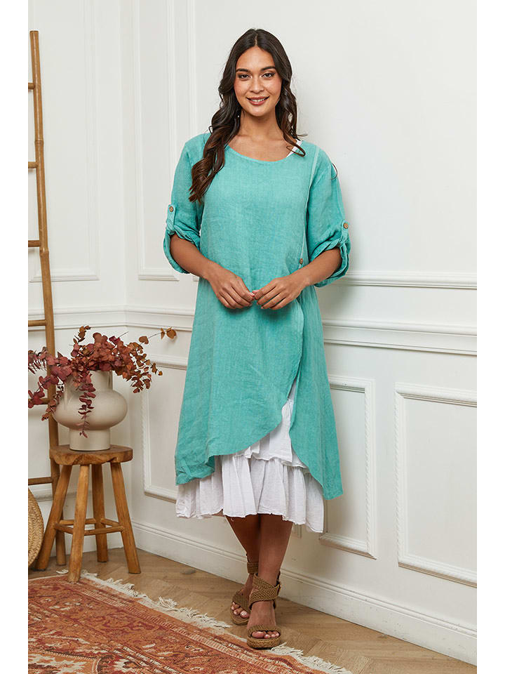 La Compagnie Du Lin Lniana sukienka w kolorze biało-turkusowym rozmiar: S