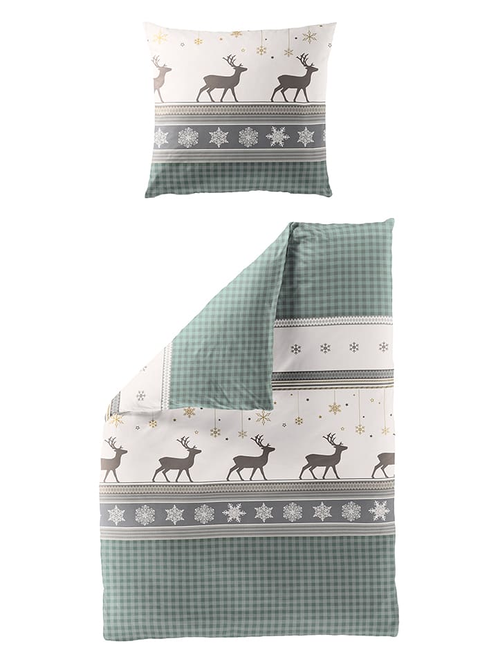 Bierbaum Komplet pościeli flanelowej w kolorze biało-miętowym rozmiar: 135x200 cm