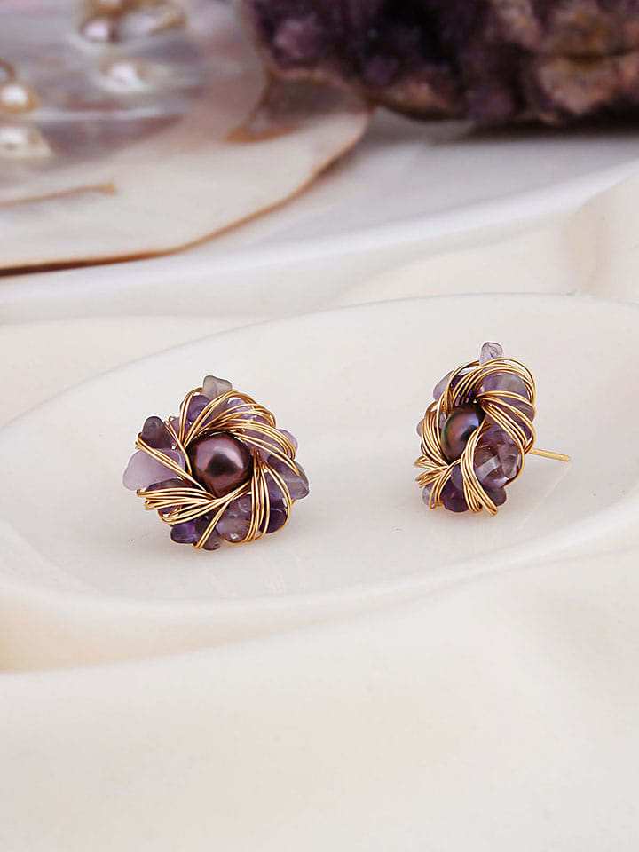 Pierres de Jade Pozłacane kolczyki-wkrętki z perłami i ametystami rozmiar: onesize