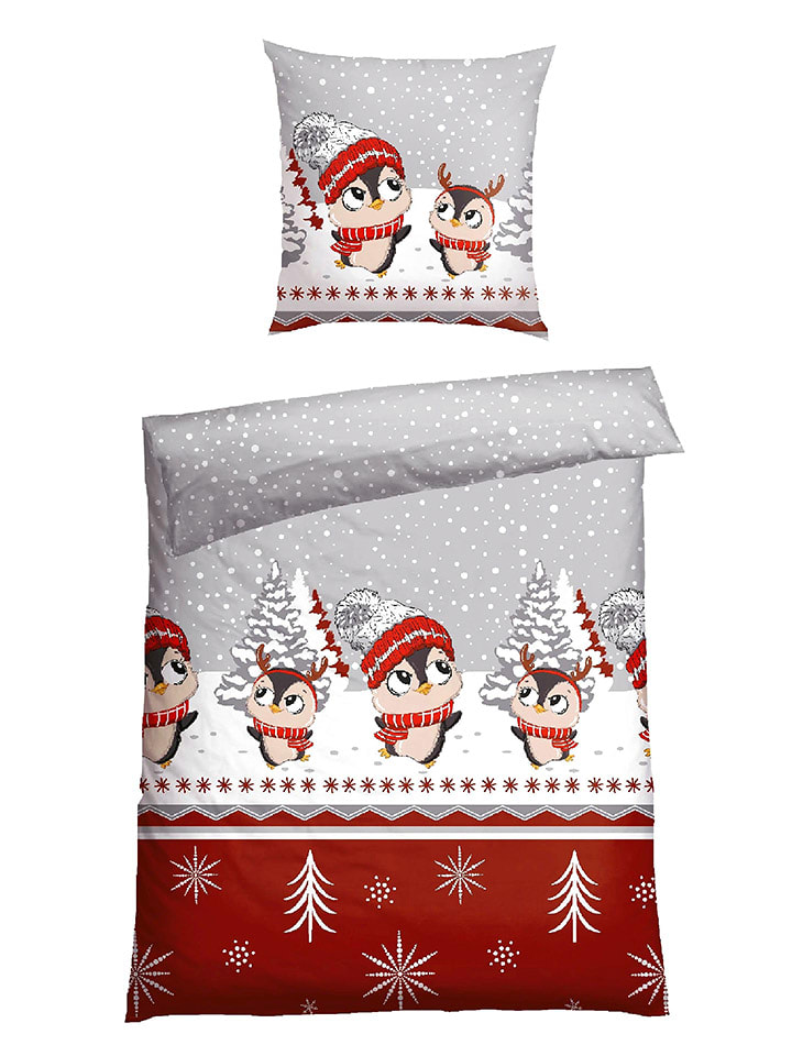 Schiesser Komplet pościeli flanelowej "Antoni" w kolorze szaro-czerwonym rozmiar: 155x220 cm