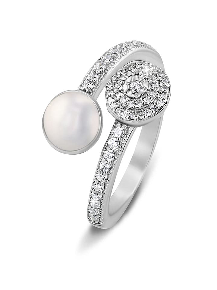 CHARM'S Srebrny pierścionek z perłą i cyrkoniami rozmiar: 56