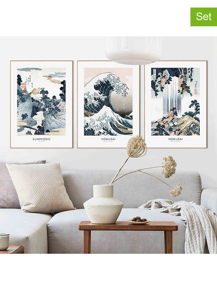 Orangewallz Druki artystyczne (3 szt.) "Hokusai Triptych" w ramce rozmiar: 30x40 cm