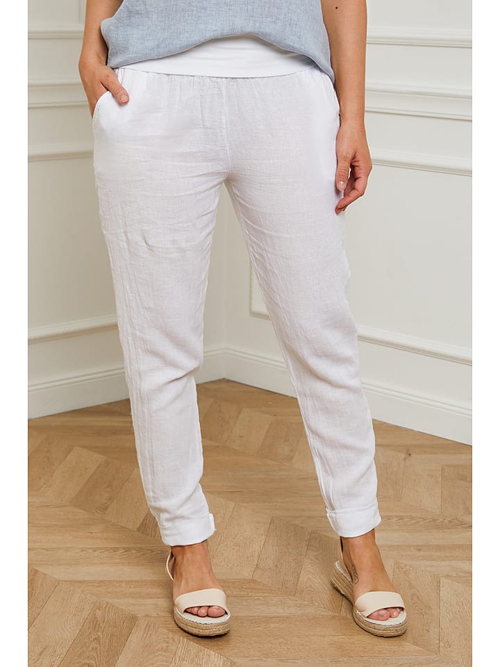 Curvy Lady Lniane spodnie "Provence" w kolorze białym rozmiar: 40/42