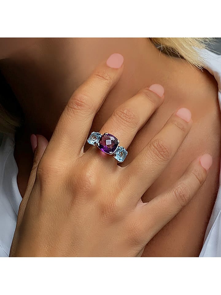 Les Petites Précieuses Srebrny pierścionek z topazem i ametystem rozmiar: 50