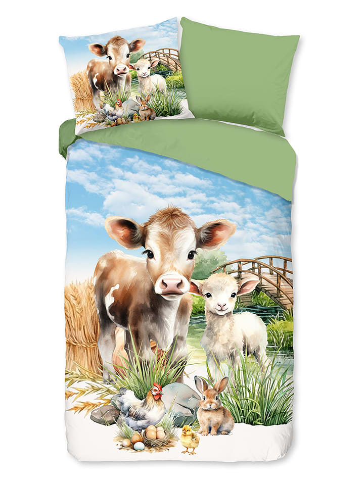 Pure Komplet pościeli "Farm" w kolorze błękitno-zielonym z mikrofibry rozmiar: 135x200 cm