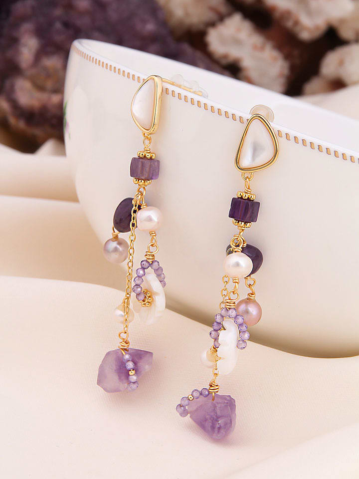 Pierres de Jade Pozłacane kolczyki-wkrętki z perłami i ametystami rozmiar: onesize