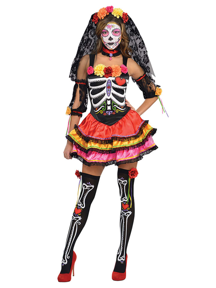 amscan 5-częściowy kostium "Day of the Dead" w kolorze czarnym ze wzorem rozmiar: L