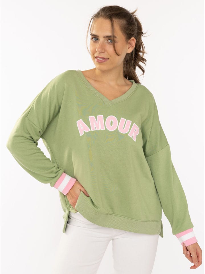 Zwillingsherz Sweter "Amour" w kolorze zielono-jasnoróżowym rozmiar: S/M