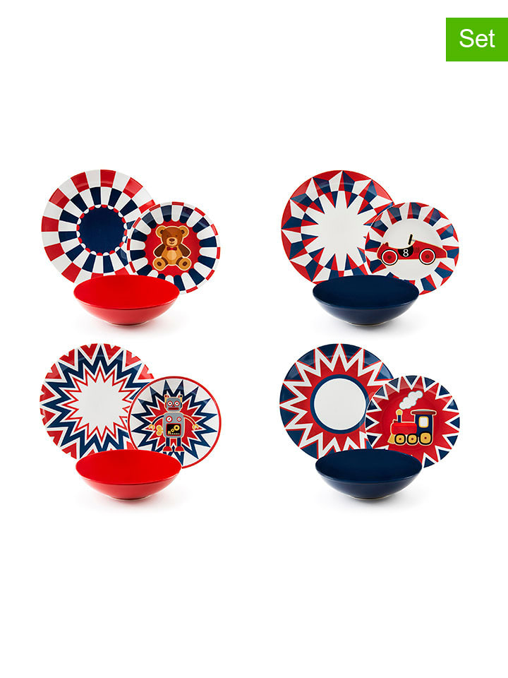 Trendy Kitchen by EXCÉLSA 12-częściowy zestaw talerzy "Vintage Toys" w kolorze niebiesko-czerwonym rozmiar: onesize