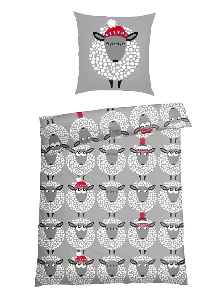 Schiesser Komplet pościeli flanelowej "Sippa" w kolorze szaro-czerwonym rozmiar: 155x220 cm