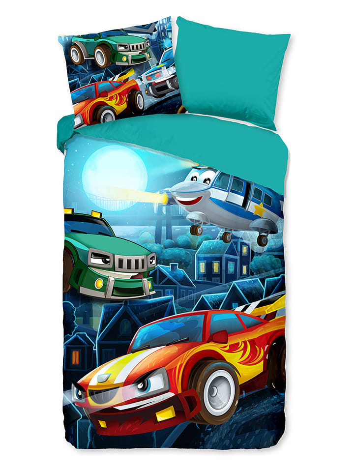 Good Morning Komplet pościeli "Race" w kolorze turkusowym ze wzorem rozmiar: 135x200 cm