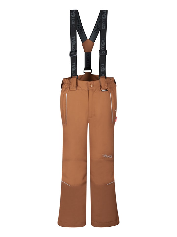 Trollkids Spodnie narciarskie "Holmenkollen" - Slim fit - w kolorze jasnobrązowym rozmiar: 128