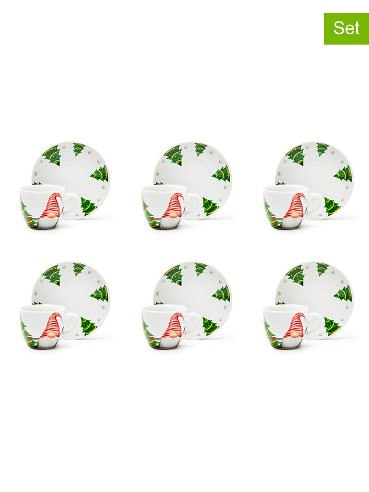 Trendy Kitchen by EXCÉLSA Filiżanki (6 szt.) "Gnomo Friends" w kolorze biało-zielonym - 90 ml rozmiar: onesize