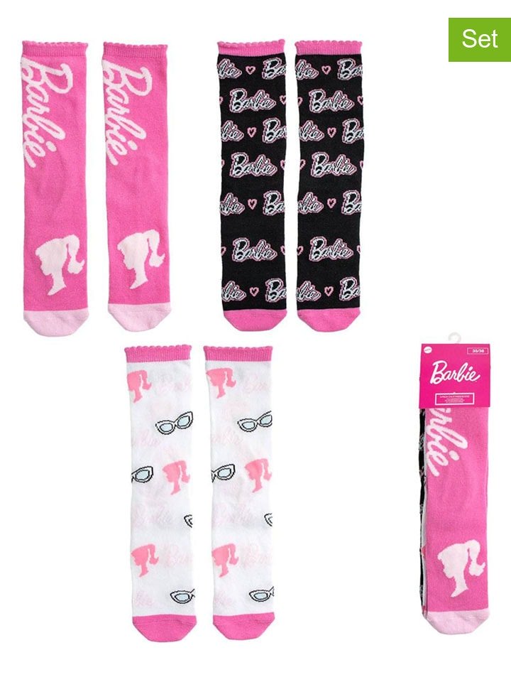 Lucky Socks Skarpety (3 pary) "Barbie" w kolorze biało-różowo-czarnym rozmiar: 31-34