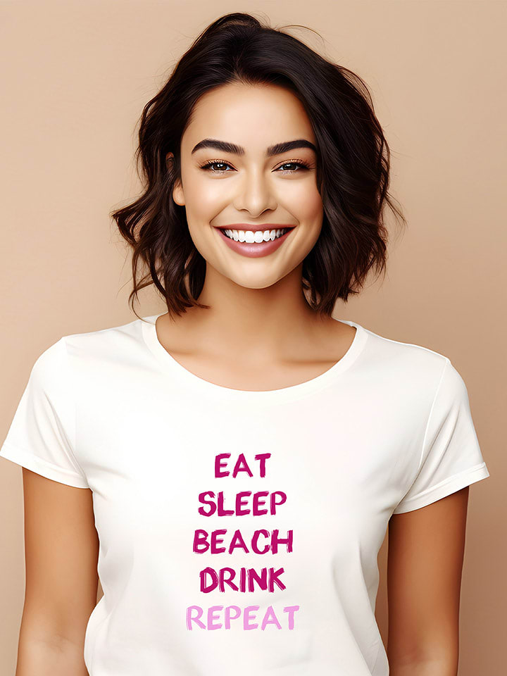 WOOOP Koszulka "Eat sleep beach drink repeat" w kolorze biało-różowym rozmiar: S