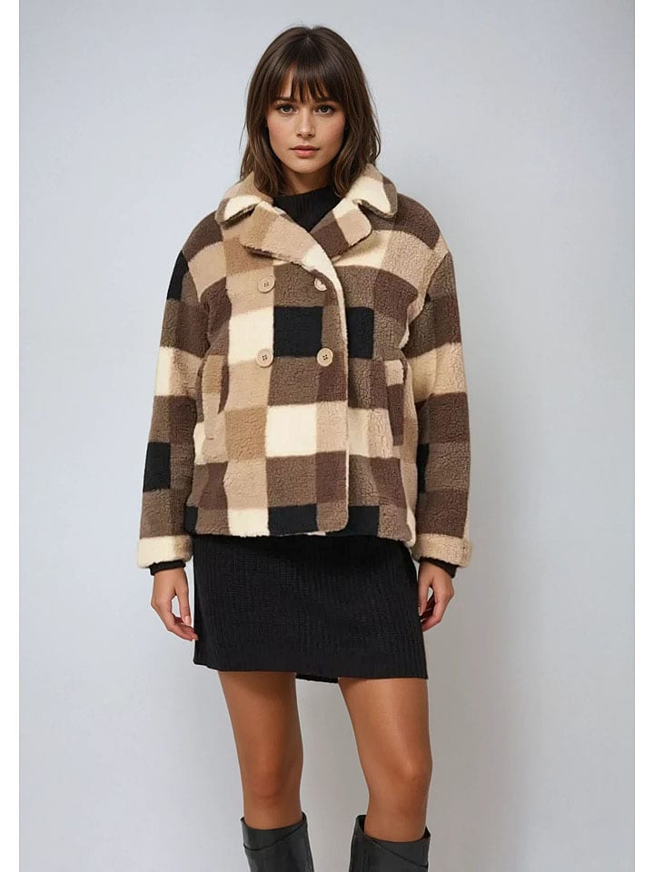 Monki Kurtka pluszowa w kolorze beżowo-brązowym rozmiar: M