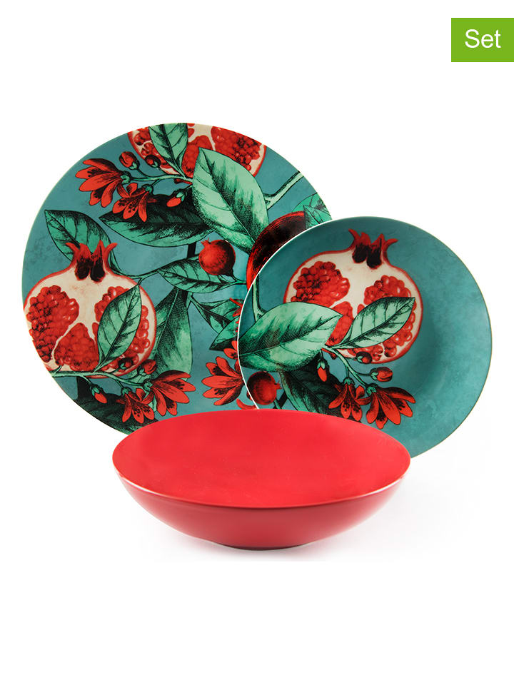 Trendy Kitchen by EXCÉLSA 18-częściowy zestaw talerzy "Granada" w kolorze turkusowym ze wzorem rozmiar: onesize