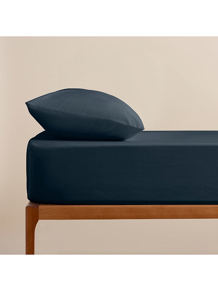 Pierre Cardin Perkalowe prześcieradło w kolorze morskim na gumce rozmiar: 150x200 cm