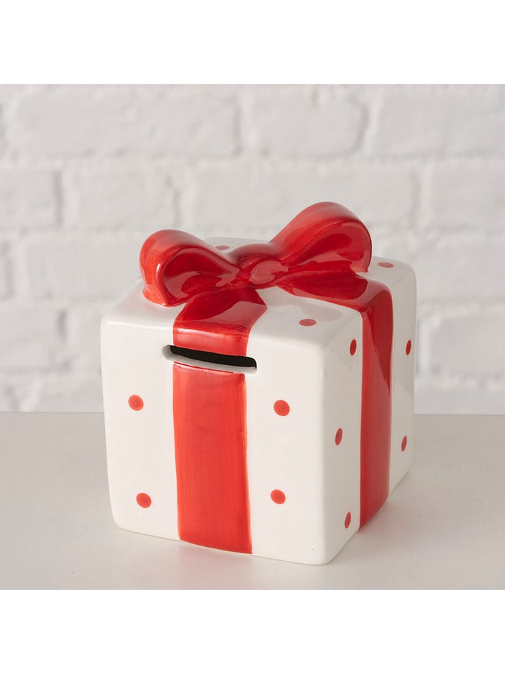 Boltze Skarbonka "Gift" w kolorze biało-czerwonym - wys. 10,5 cm rozmiar: onesize