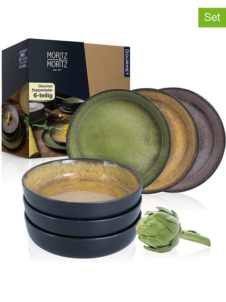 Moritz & Moritz Talerze głębokie (6 szt.) "Vida" w kolorze żółto-zielono-szarym - Ø 19 cm rozmiar: onesize