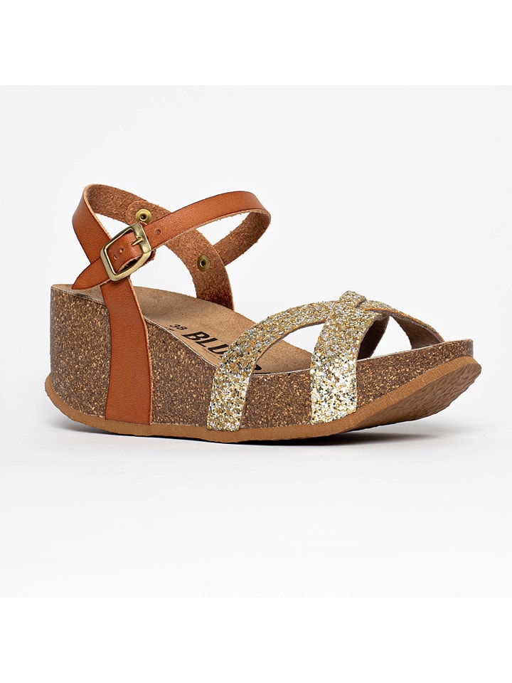 Blue Bay Skórzane sandały "Guimauve" w kolorze jasnobrązowo-złotym na koturnie rozmiar: 40