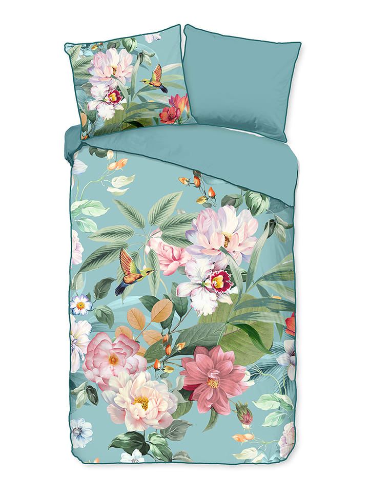 Descanso Komplet pościeli satynowej "Fungi" w kolorze błękitnym ze wzorem rozmiar: 140x200/220 cm