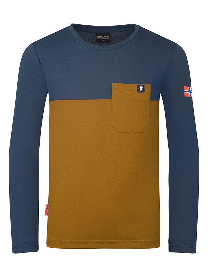 Trollkids Koszulka "Bergen" w kolorze jasnobrązowo-granatowym rozmiar: 110