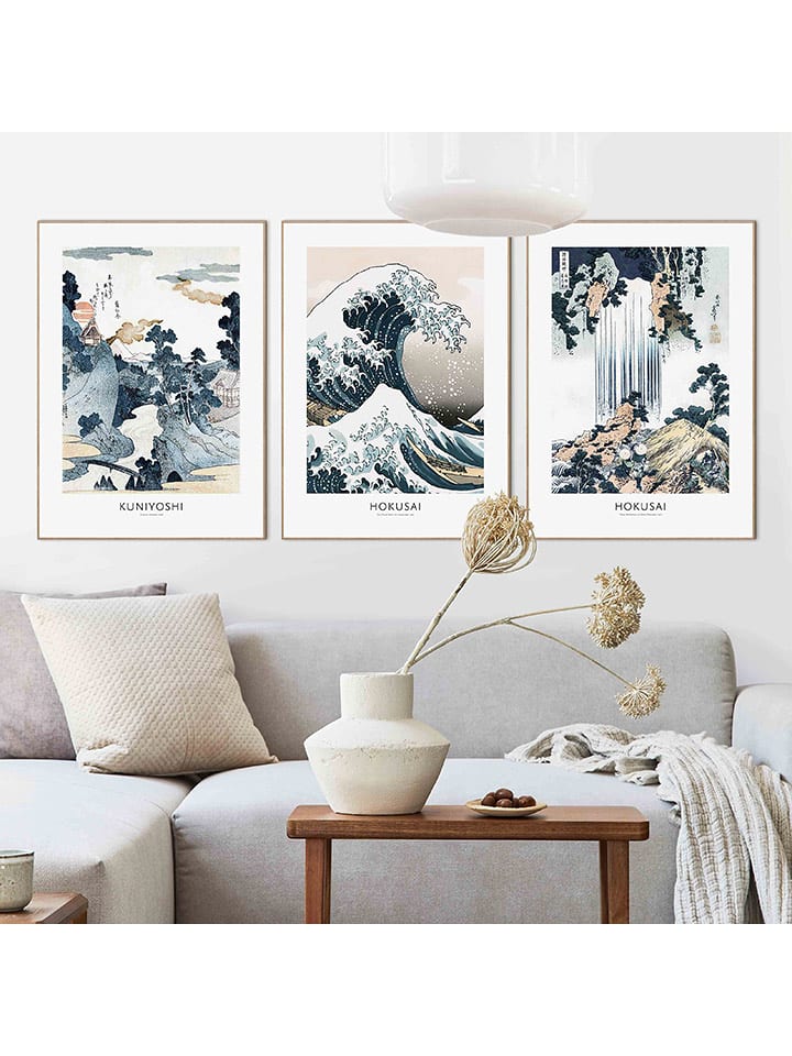 Orangewallz Druki artystyczne (3 szt.) "Hokusai Triptych" w ramce rozmiar: 40x50 cm