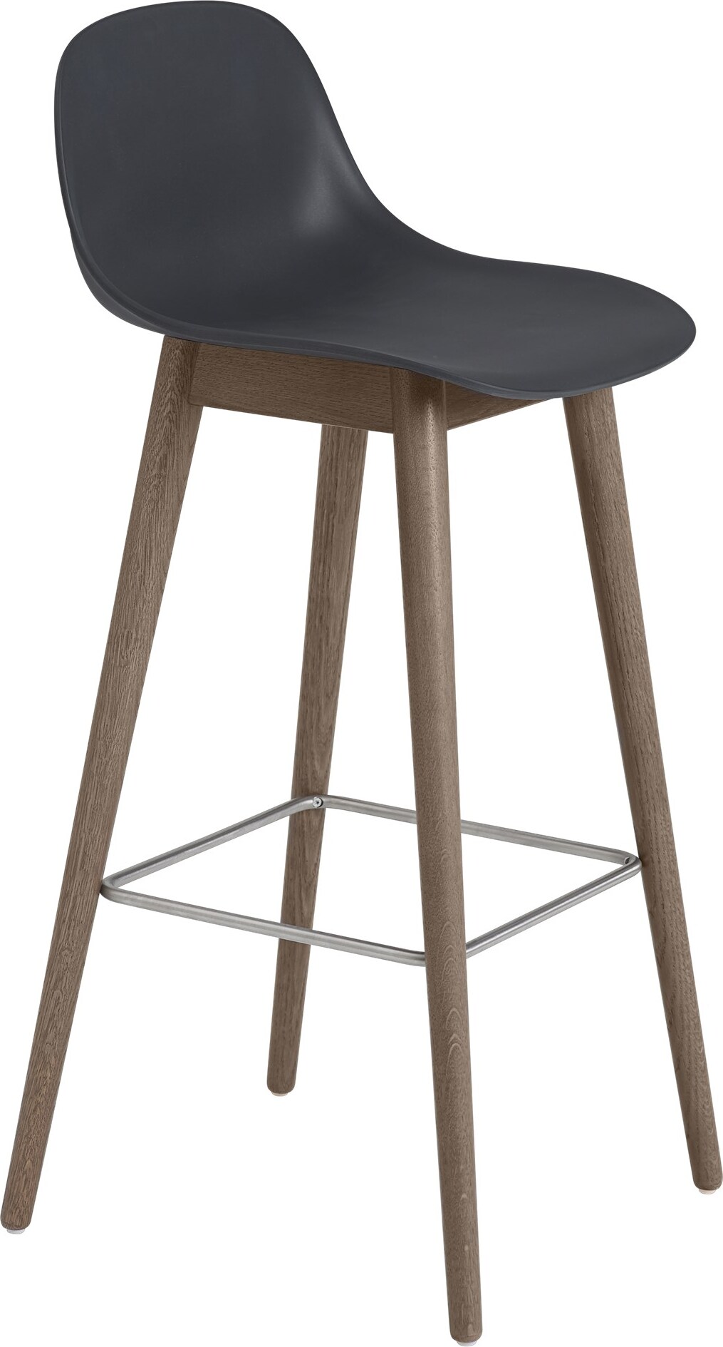 Stołek barowy Fiber 75 cm czarny z oparciem na ciemnych drewnianych nogach