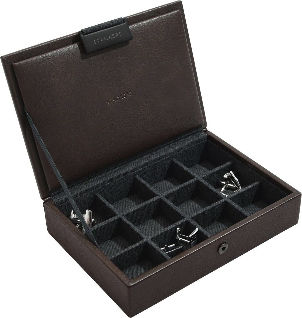Pudełko na spinki do mankietów Stackers mini brązowe z pokrywką 12 komorowe
